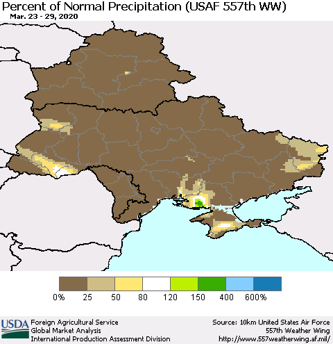 Ukraine, Moldova and Belarus Percent of Normal Precipitation (USAF 557th WW) Thematic Map For 3/23/2020 - 3/29/2020