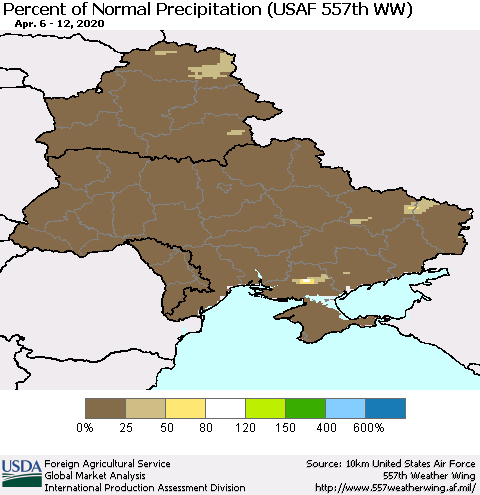 Ukraine, Moldova and Belarus Percent of Normal Precipitation (USAF 557th WW) Thematic Map For 4/6/2020 - 4/12/2020