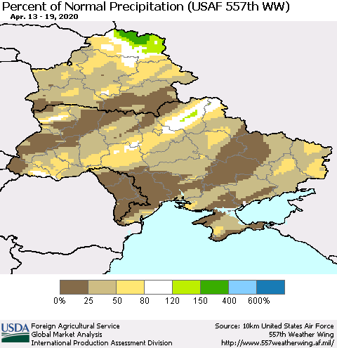 Ukraine, Moldova and Belarus Percent of Normal Precipitation (USAF 557th WW) Thematic Map For 4/13/2020 - 4/19/2020