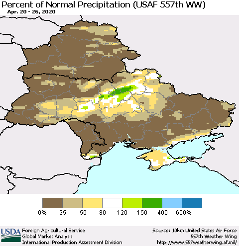 Ukraine, Moldova and Belarus Percent of Normal Precipitation (USAF 557th WW) Thematic Map For 4/20/2020 - 4/26/2020
