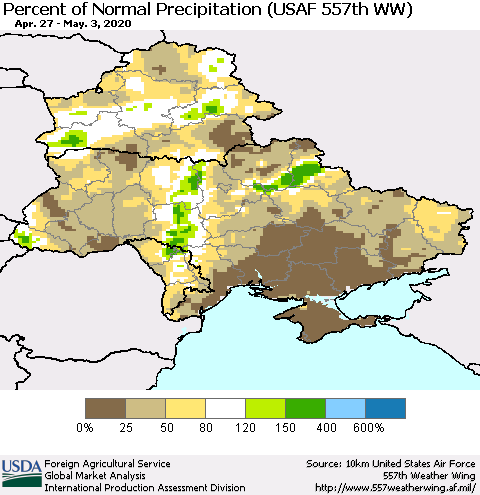 Ukraine, Moldova and Belarus Percent of Normal Precipitation (USAF 557th WW) Thematic Map For 4/27/2020 - 5/3/2020