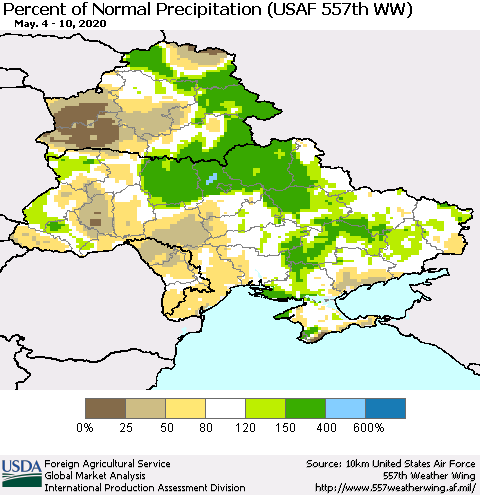 Ukraine, Moldova and Belarus Percent of Normal Precipitation (USAF 557th WW) Thematic Map For 5/4/2020 - 5/10/2020