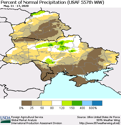 Ukraine, Moldova and Belarus Percent of Normal Precipitation (USAF 557th WW) Thematic Map For 5/11/2020 - 5/17/2020