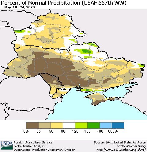 Ukraine, Moldova and Belarus Percent of Normal Precipitation (USAF 557th WW) Thematic Map For 5/18/2020 - 5/24/2020