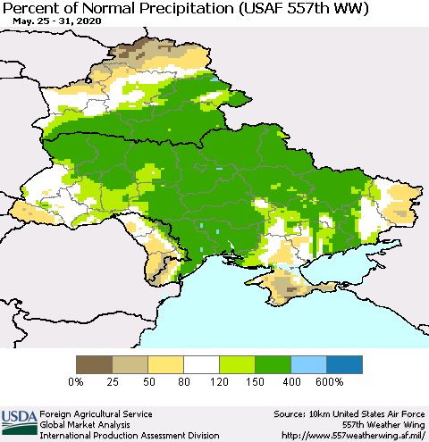 Ukraine, Moldova and Belarus Percent of Normal Precipitation (USAF 557th WW) Thematic Map For 5/25/2020 - 5/31/2020