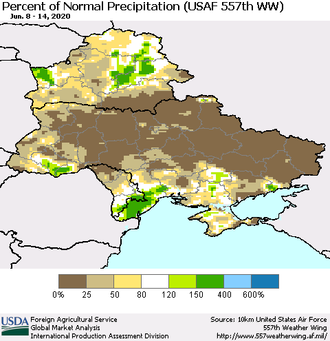Ukraine, Moldova and Belarus Percent of Normal Precipitation (USAF 557th WW) Thematic Map For 6/8/2020 - 6/14/2020
