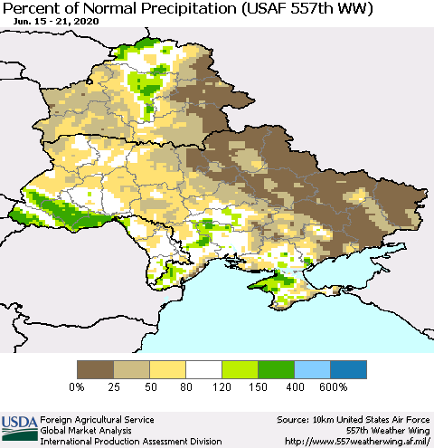 Ukraine, Moldova and Belarus Percent of Normal Precipitation (USAF 557th WW) Thematic Map For 6/15/2020 - 6/21/2020