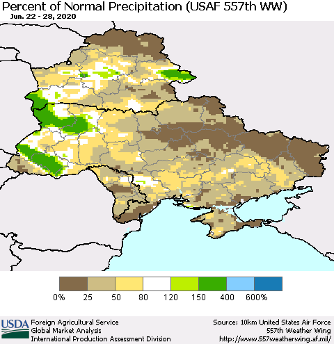 Ukraine, Moldova and Belarus Percent of Normal Precipitation (USAF 557th WW) Thematic Map For 6/22/2020 - 6/28/2020