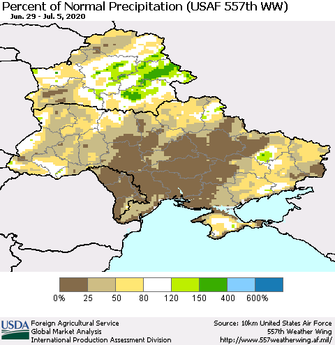 Ukraine, Moldova and Belarus Percent of Normal Precipitation (USAF 557th WW) Thematic Map For 6/29/2020 - 7/5/2020