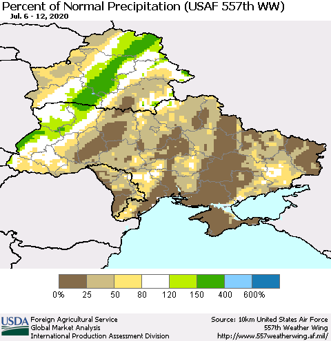 Ukraine, Moldova and Belarus Percent of Normal Precipitation (USAF 557th WW) Thematic Map For 7/6/2020 - 7/12/2020