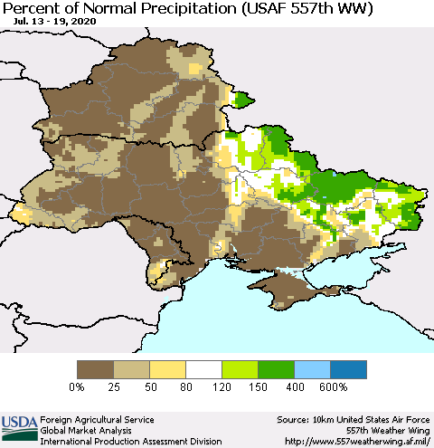 Ukraine, Moldova and Belarus Percent of Normal Precipitation (USAF 557th WW) Thematic Map For 7/13/2020 - 7/19/2020