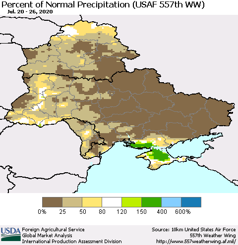 Ukraine, Moldova and Belarus Percent of Normal Precipitation (USAF 557th WW) Thematic Map For 7/20/2020 - 7/26/2020