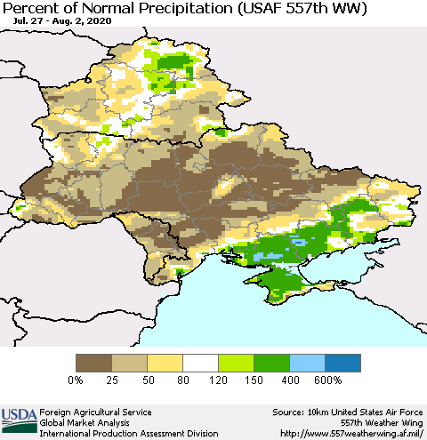 Ukraine, Moldova and Belarus Percent of Normal Precipitation (USAF 557th WW) Thematic Map For 7/27/2020 - 8/2/2020