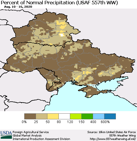 Ukraine, Moldova and Belarus Percent of Normal Precipitation (USAF 557th WW) Thematic Map For 8/10/2020 - 8/16/2020