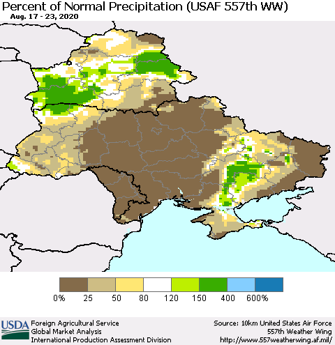 Ukraine, Moldova and Belarus Percent of Normal Precipitation (USAF 557th WW) Thematic Map For 8/17/2020 - 8/23/2020