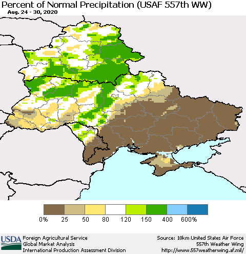 Ukraine, Moldova and Belarus Percent of Normal Precipitation (USAF 557th WW) Thematic Map For 8/24/2020 - 8/30/2020