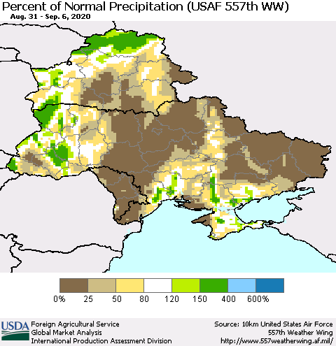 Ukraine, Moldova and Belarus Percent of Normal Precipitation (USAF 557th WW) Thematic Map For 8/31/2020 - 9/6/2020