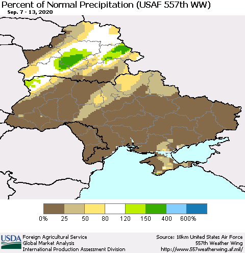 Ukraine, Moldova and Belarus Percent of Normal Precipitation (USAF 557th WW) Thematic Map For 9/7/2020 - 9/13/2020