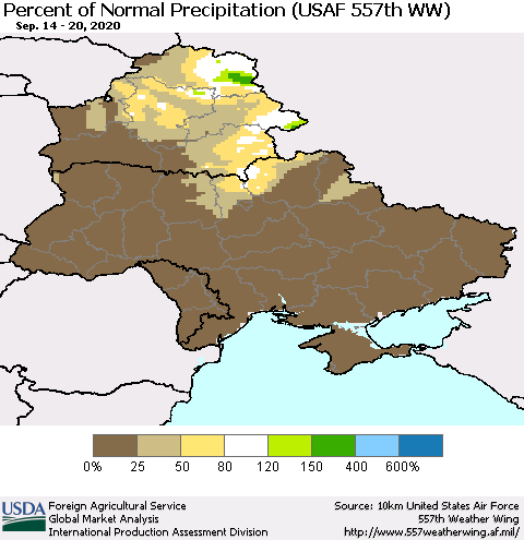 Ukraine, Moldova and Belarus Percent of Normal Precipitation (USAF 557th WW) Thematic Map For 9/14/2020 - 9/20/2020