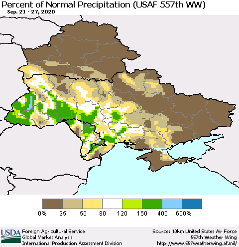 Ukraine, Moldova and Belarus Percent of Normal Precipitation (USAF 557th WW) Thematic Map For 9/21/2020 - 9/27/2020