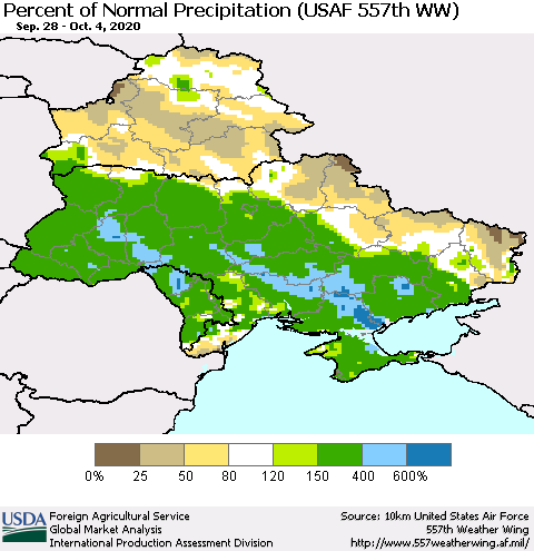 Ukraine, Moldova and Belarus Percent of Normal Precipitation (USAF 557th WW) Thematic Map For 9/28/2020 - 10/4/2020