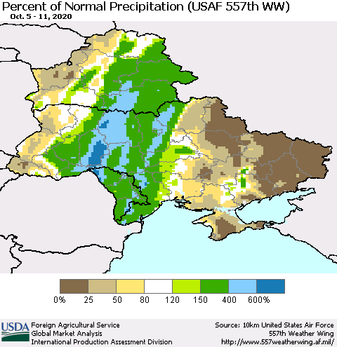 Ukraine, Moldova and Belarus Percent of Normal Precipitation (USAF 557th WW) Thematic Map For 10/5/2020 - 10/11/2020