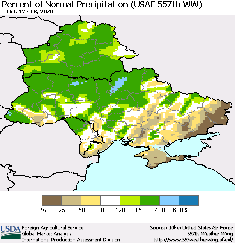 Ukraine, Moldova and Belarus Percent of Normal Precipitation (USAF 557th WW) Thematic Map For 10/12/2020 - 10/18/2020