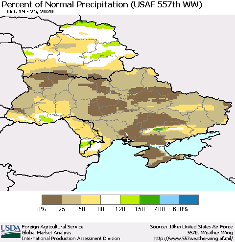 Ukraine, Moldova and Belarus Percent of Normal Precipitation (USAF 557th WW) Thematic Map For 10/19/2020 - 10/25/2020