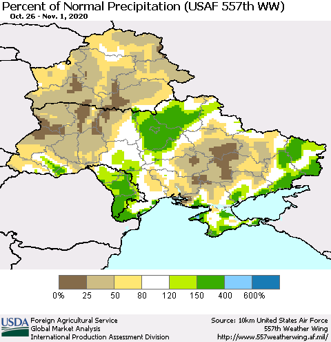 Ukraine, Moldova and Belarus Percent of Normal Precipitation (USAF 557th WW) Thematic Map For 10/26/2020 - 11/1/2020