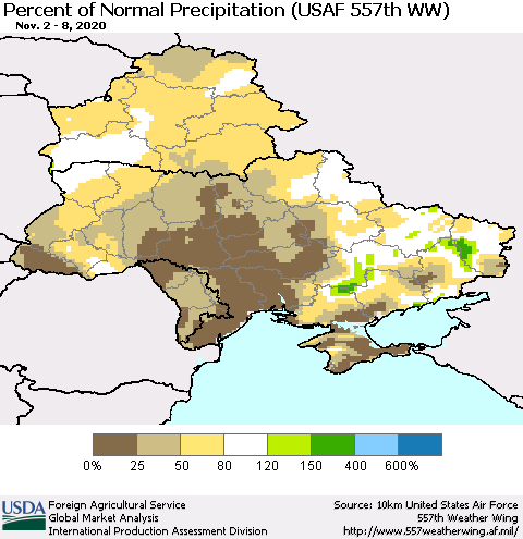 Ukraine, Moldova and Belarus Percent of Normal Precipitation (USAF 557th WW) Thematic Map For 11/2/2020 - 11/8/2020