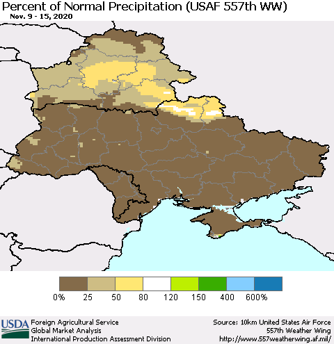 Ukraine, Moldova and Belarus Percent of Normal Precipitation (USAF 557th WW) Thematic Map For 11/9/2020 - 11/15/2020