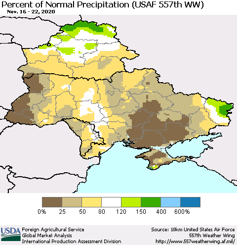 Ukraine, Moldova and Belarus Percent of Normal Precipitation (USAF 557th WW) Thematic Map For 11/16/2020 - 11/22/2020