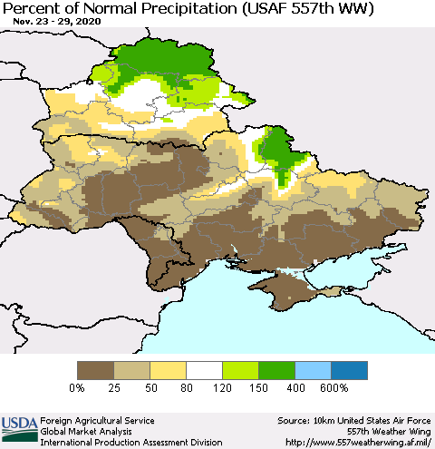 Ukraine, Moldova and Belarus Percent of Normal Precipitation (USAF 557th WW) Thematic Map For 11/23/2020 - 11/29/2020