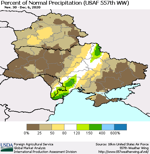 Ukraine, Moldova and Belarus Percent of Normal Precipitation (USAF 557th WW) Thematic Map For 11/30/2020 - 12/6/2020