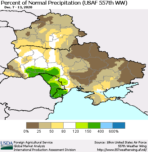 Ukraine, Moldova and Belarus Percent of Normal Precipitation (USAF 557th WW) Thematic Map For 12/7/2020 - 12/13/2020