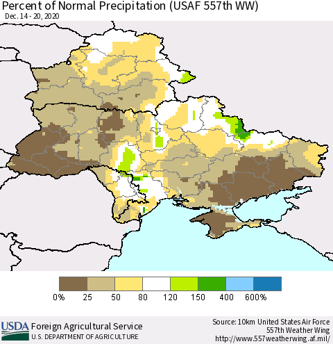 Ukraine, Moldova and Belarus Percent of Normal Precipitation (USAF 557th WW) Thematic Map For 12/14/2020 - 12/20/2020