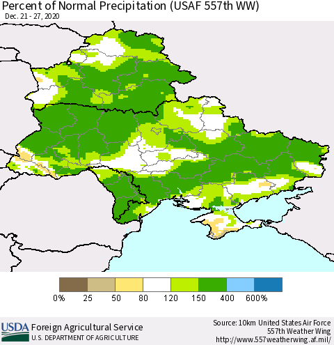 Ukraine, Moldova and Belarus Percent of Normal Precipitation (USAF 557th WW) Thematic Map For 12/21/2020 - 12/27/2020