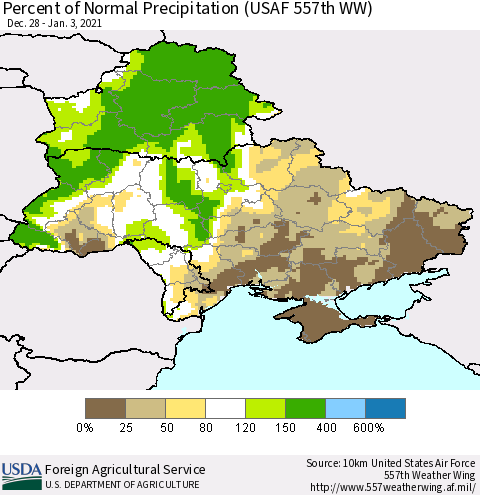 Ukraine, Moldova and Belarus Percent of Normal Precipitation (USAF 557th WW) Thematic Map For 12/28/2020 - 1/3/2021