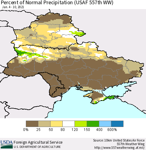 Ukraine, Moldova and Belarus Percent of Normal Precipitation (USAF 557th WW) Thematic Map For 1/4/2021 - 1/10/2021