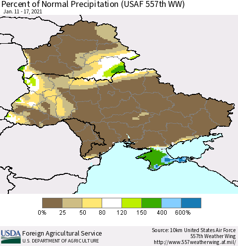 Ukraine, Moldova and Belarus Percent of Normal Precipitation (USAF 557th WW) Thematic Map For 1/11/2021 - 1/17/2021