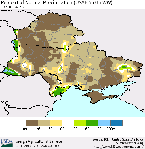 Ukraine, Moldova and Belarus Percent of Normal Precipitation (USAF 557th WW) Thematic Map For 1/18/2021 - 1/24/2021
