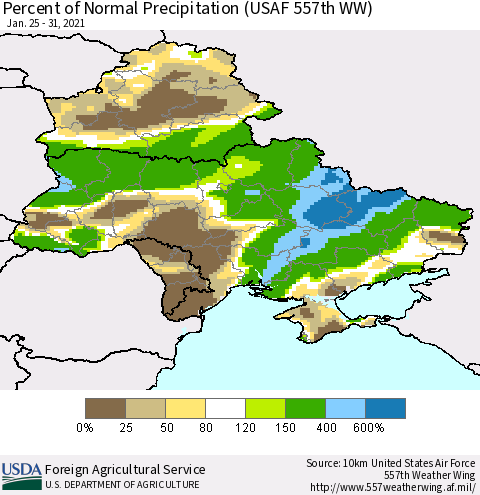 Ukraine, Moldova and Belarus Percent of Normal Precipitation (USAF 557th WW) Thematic Map For 1/25/2021 - 1/31/2021