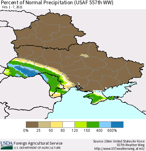 Ukraine, Moldova and Belarus Percent of Normal Precipitation (USAF 557th WW) Thematic Map For 2/1/2021 - 2/7/2021
