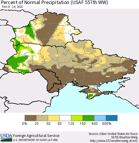 Ukraine, Moldova and Belarus Percent of Normal Precipitation (USAF 557th WW) Thematic Map For 2/8/2021 - 2/14/2021