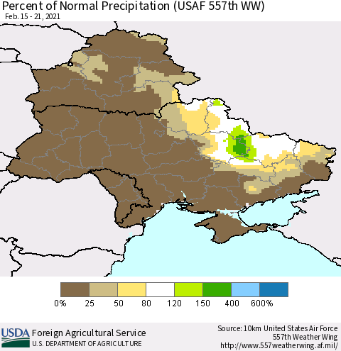 Ukraine, Moldova and Belarus Percent of Normal Precipitation (USAF 557th WW) Thematic Map For 2/15/2021 - 2/21/2021