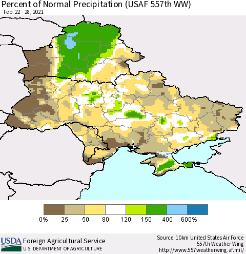 Ukraine, Moldova and Belarus Percent of Normal Precipitation (USAF 557th WW) Thematic Map For 2/22/2021 - 2/28/2021