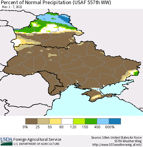 Ukraine, Moldova and Belarus Percent of Normal Precipitation (USAF 557th WW) Thematic Map For 3/1/2021 - 3/7/2021