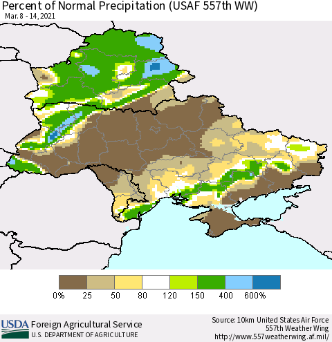 Ukraine, Moldova and Belarus Percent of Normal Precipitation (USAF 557th WW) Thematic Map For 3/8/2021 - 3/14/2021
