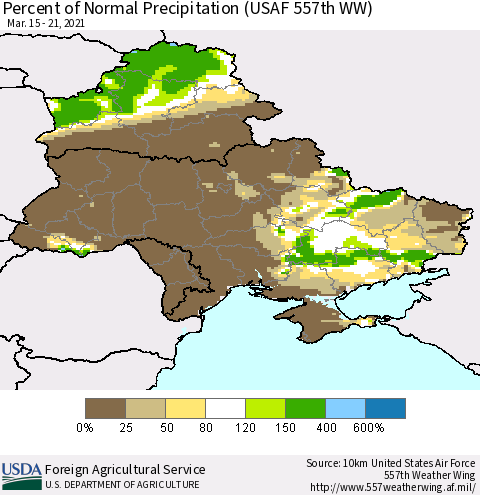 Ukraine, Moldova and Belarus Percent of Normal Precipitation (USAF 557th WW) Thematic Map For 3/15/2021 - 3/21/2021