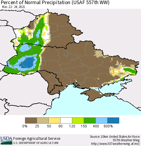 Ukraine, Moldova and Belarus Percent of Normal Precipitation (USAF 557th WW) Thematic Map For 3/22/2021 - 3/28/2021